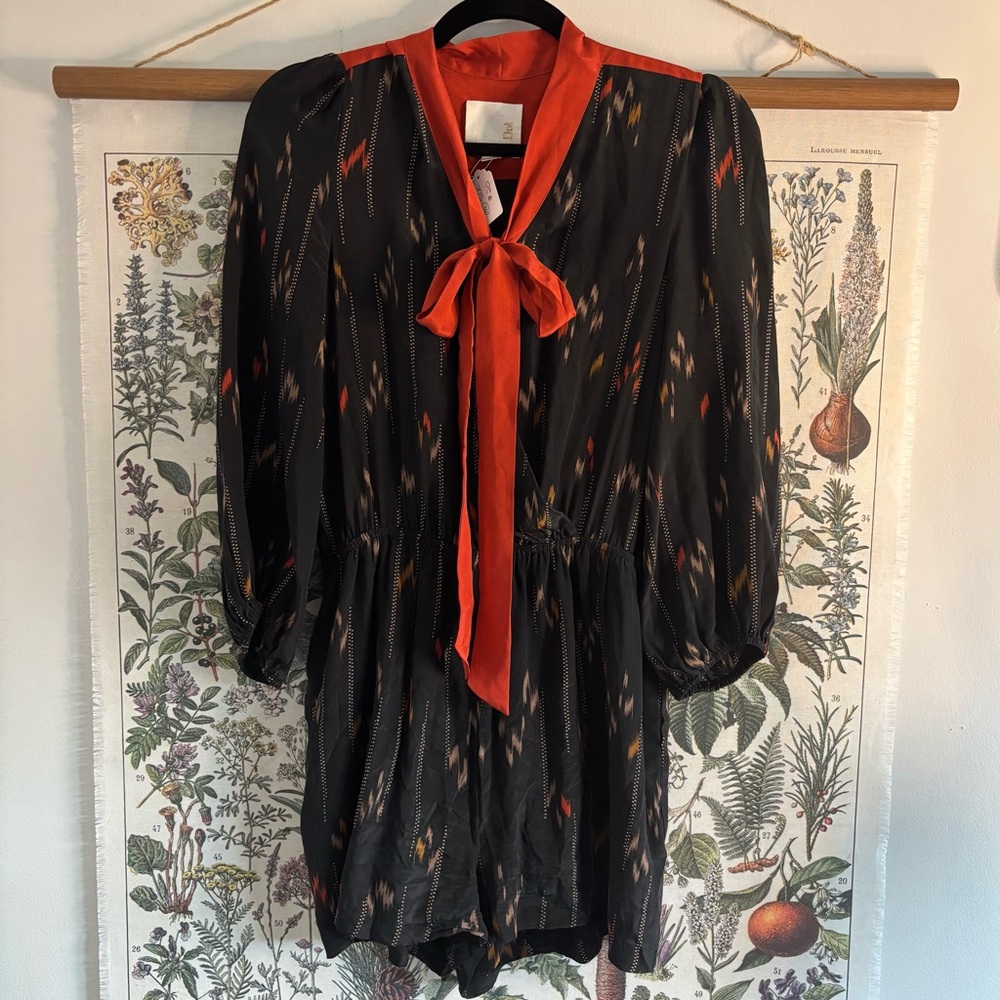 Line & Dot Black and Orange Silk Romper Medium